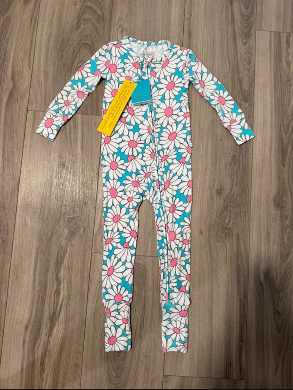 Posh Peanut Blue Daisy Print One-Piece Bodysuit with Pink Centers